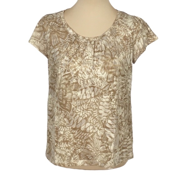 Relativity Tops - Relativity Lightweight Sheer Tan Floral Burnout Shirt, Petite Medium